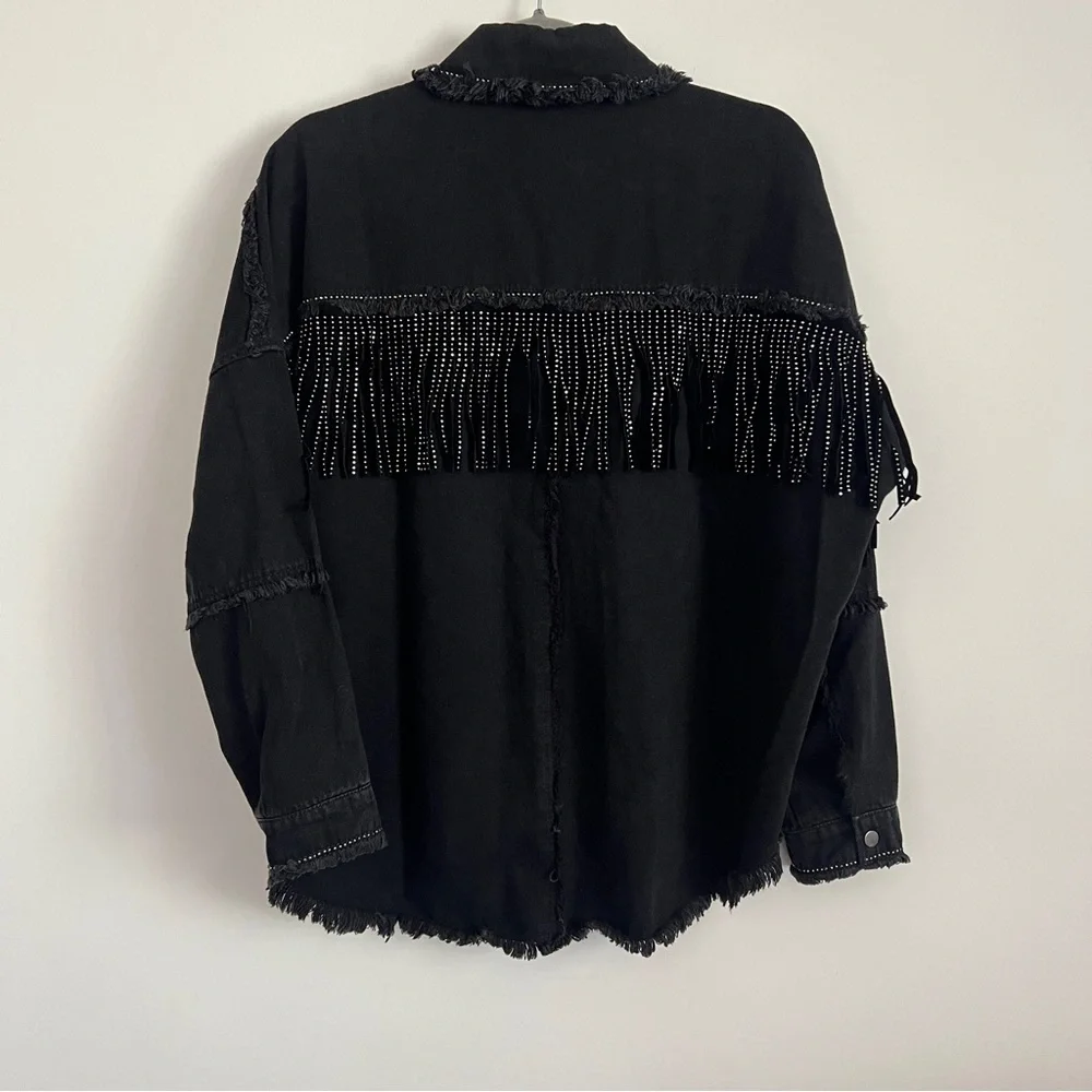 Zara Rhinestone Fringe Studded Jean Jacket Black Women’s Size XS - Picture 7 of 8
